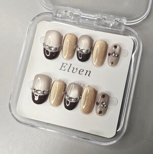 Elegant Brown and Gold Short Round Handmade Press On Nails Set